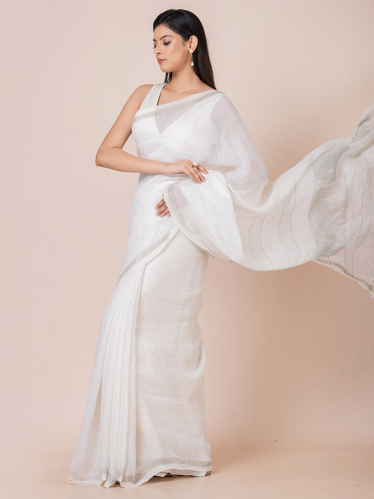 Ivory Breeze - Pure Linen Solid Saree With Zari Border || White