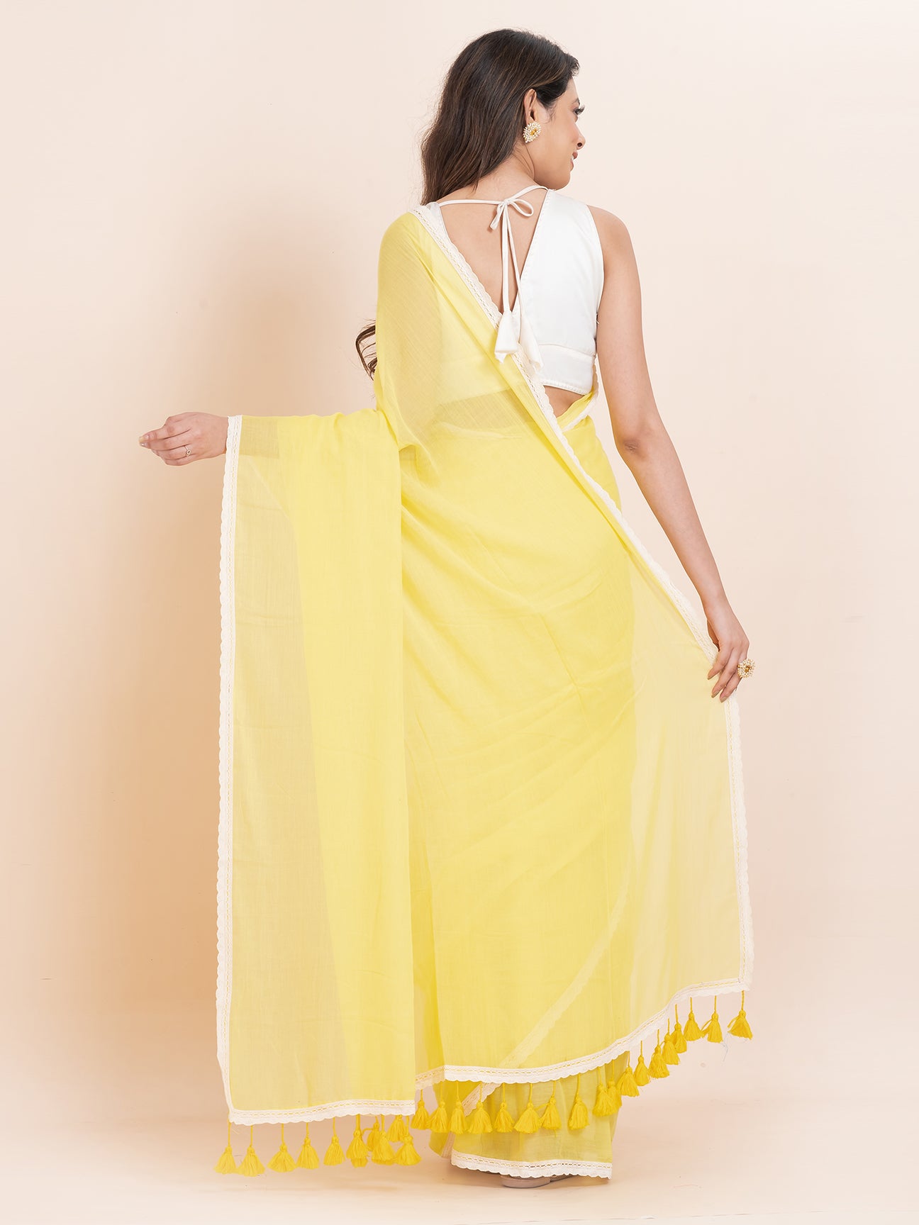 Amber Dew - Pure cotton solid saree with lace border || Yellow