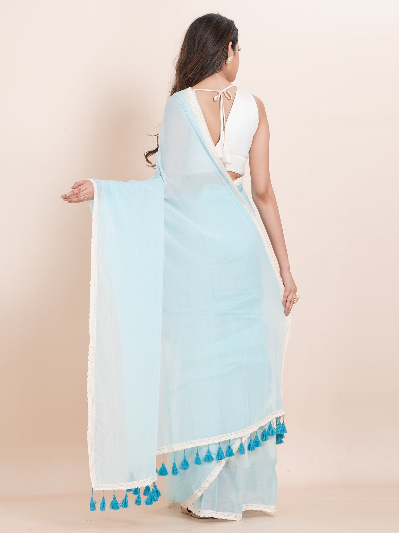 Cloud Kiss - Pure cotton solid saree with lace border || Sky Blue