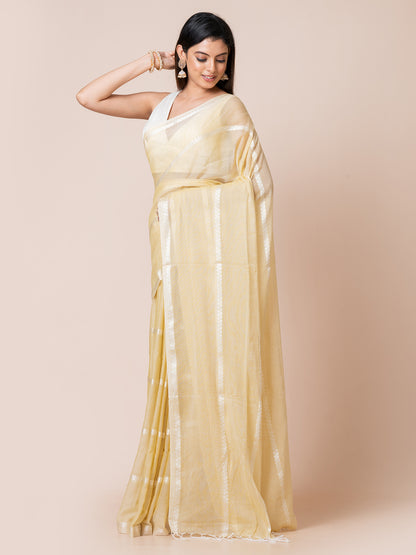 Mimosa Magic - Pure Cotton Saree With Zari Stripes || Pastel Yellow