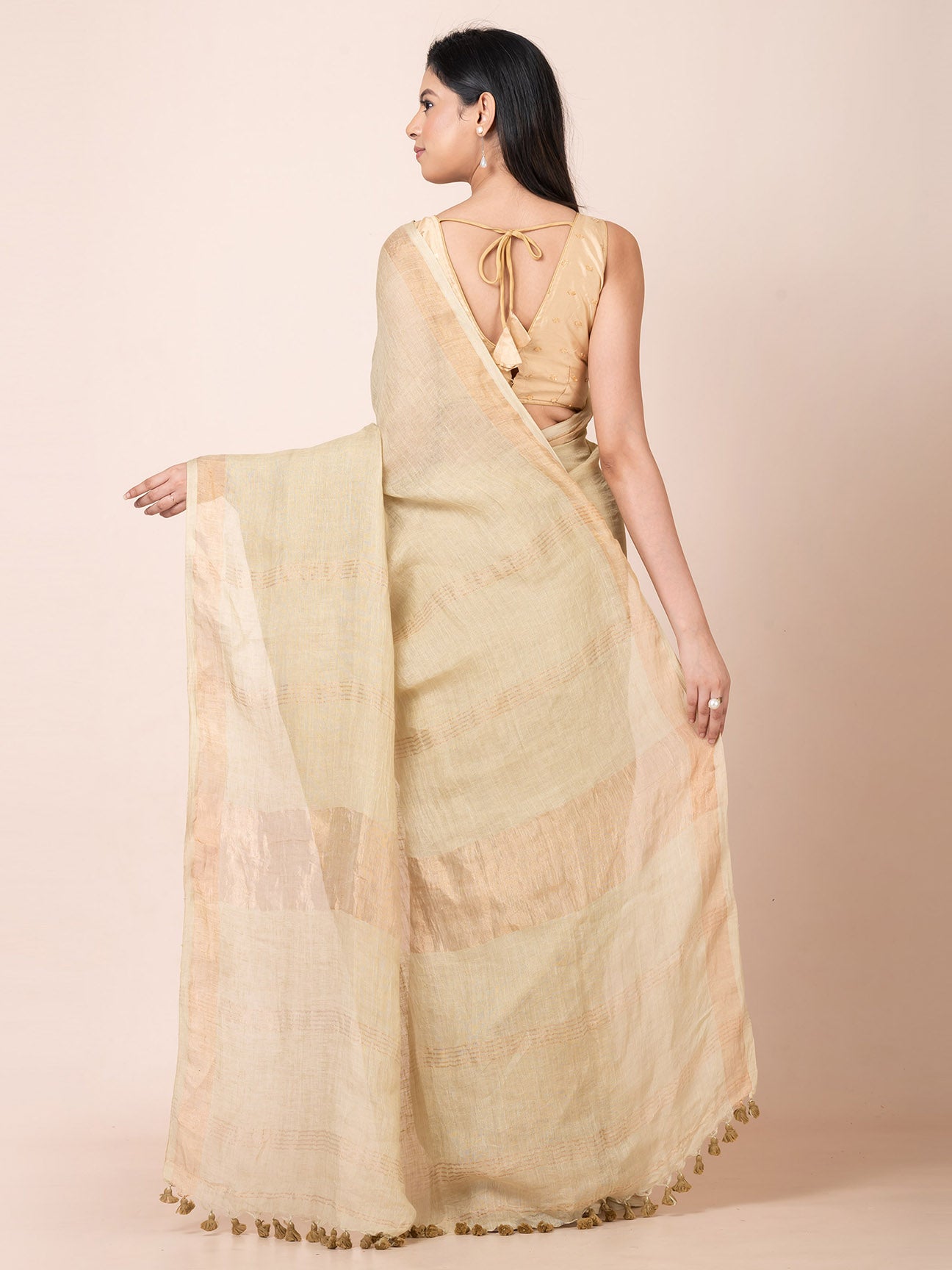 Desert Bloom - Pure Linen Solid Saree With Zari Border || Tan