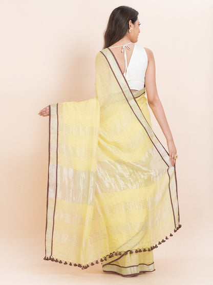 Saffron Kiss - Pure Linen Solid Saree With Contrast Border || Golden Ochre