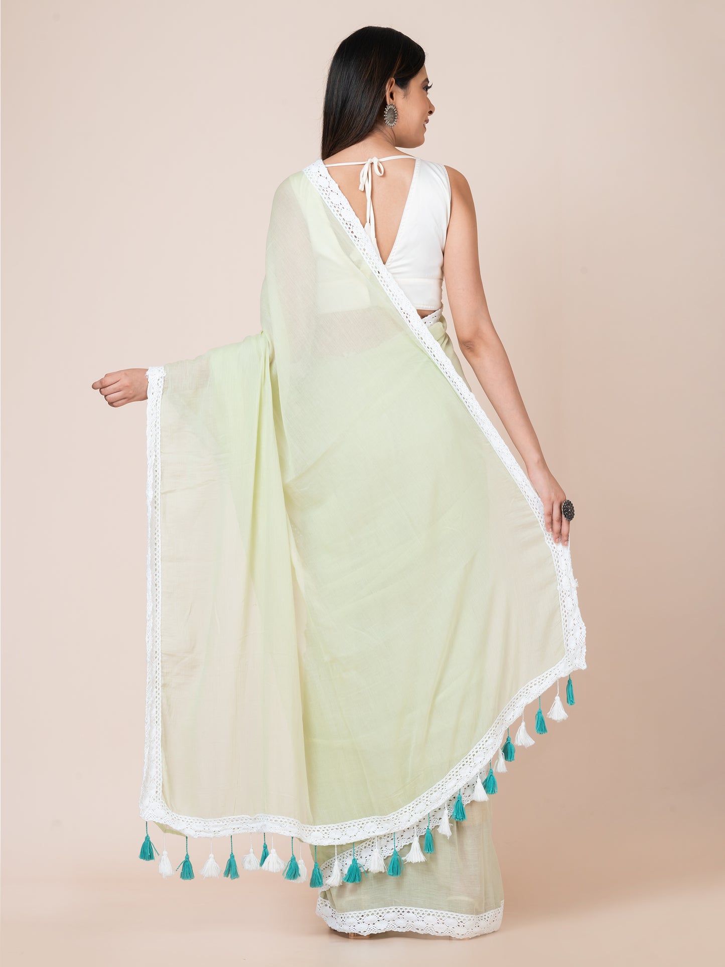 Mint Blossom - Pure cotton solid saree with lace border || Pistachio Green