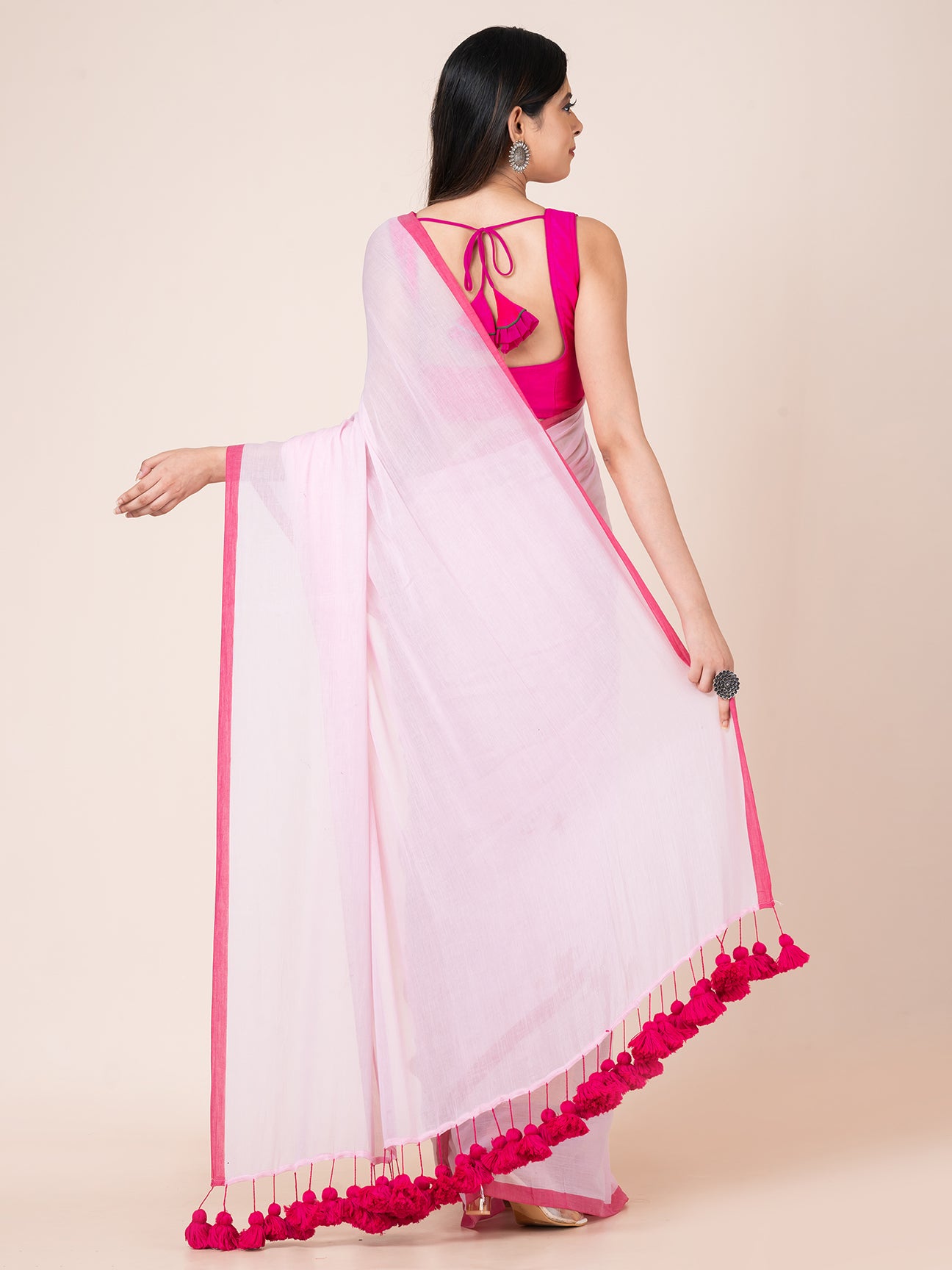 Rosa - Pure cotton solid saree with contrast border and contrast tassels || Pink