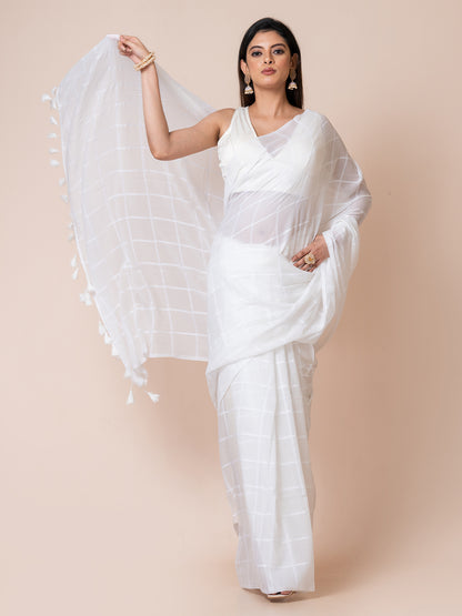 Milky Silk - Pure Cotton Checkered Saree || White