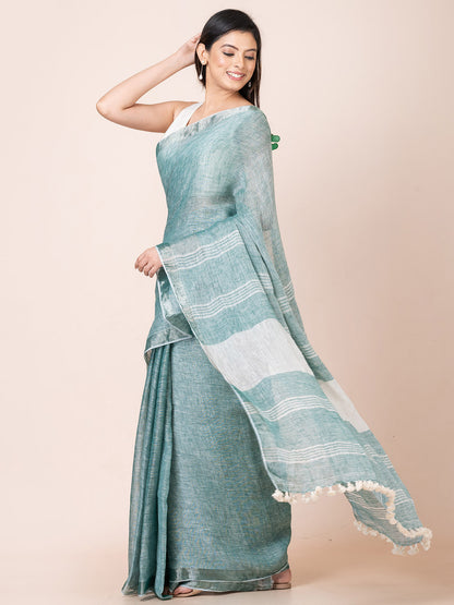 Ocean Mist - Pure Linen Solid Saree With Zari Border || Teal