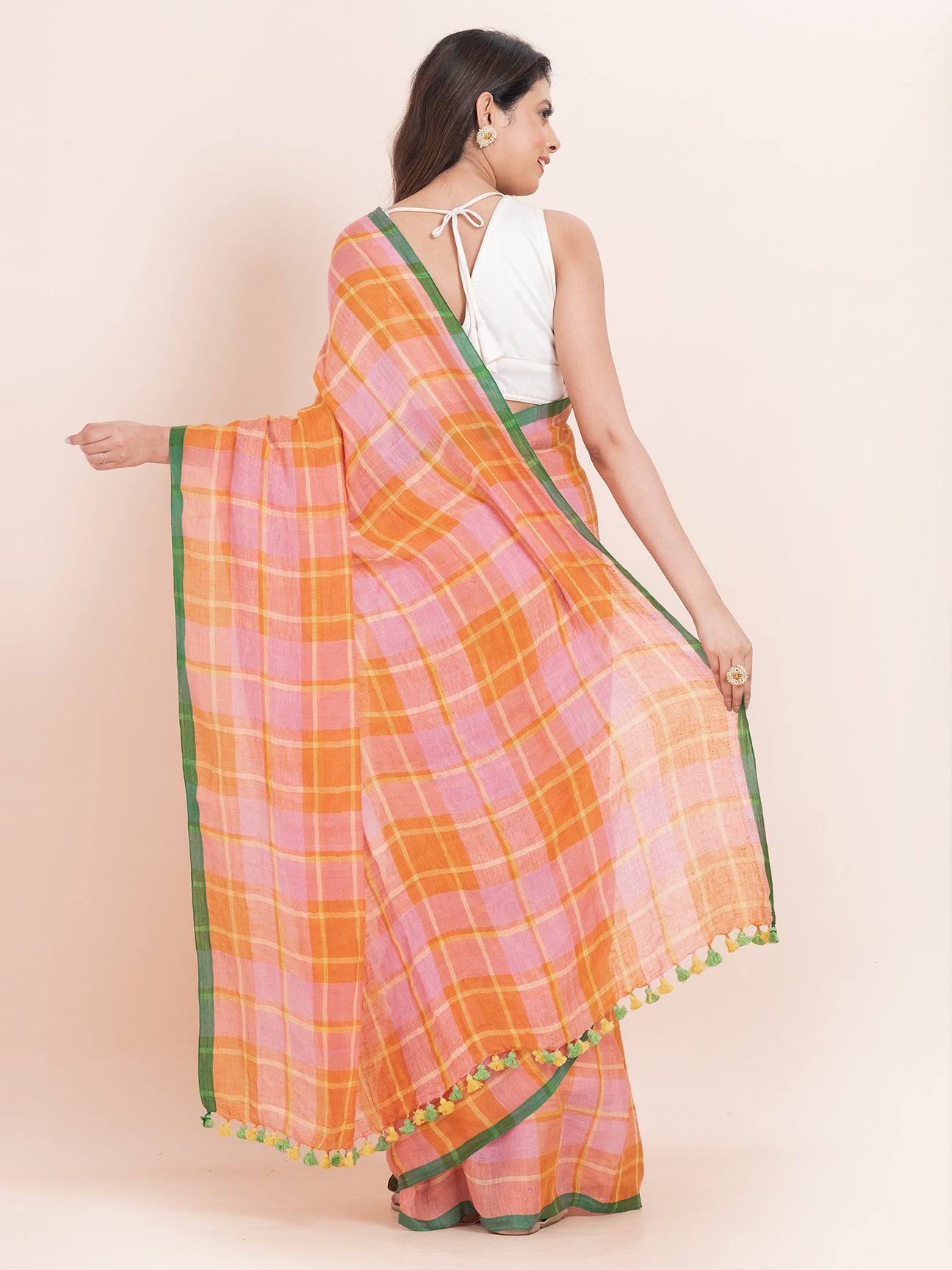 Citrus Dream - Pure Linen Striped Saree  || Tangerine