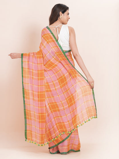 Citrus Dream - Pure Linen Striped Saree  || Tangerine