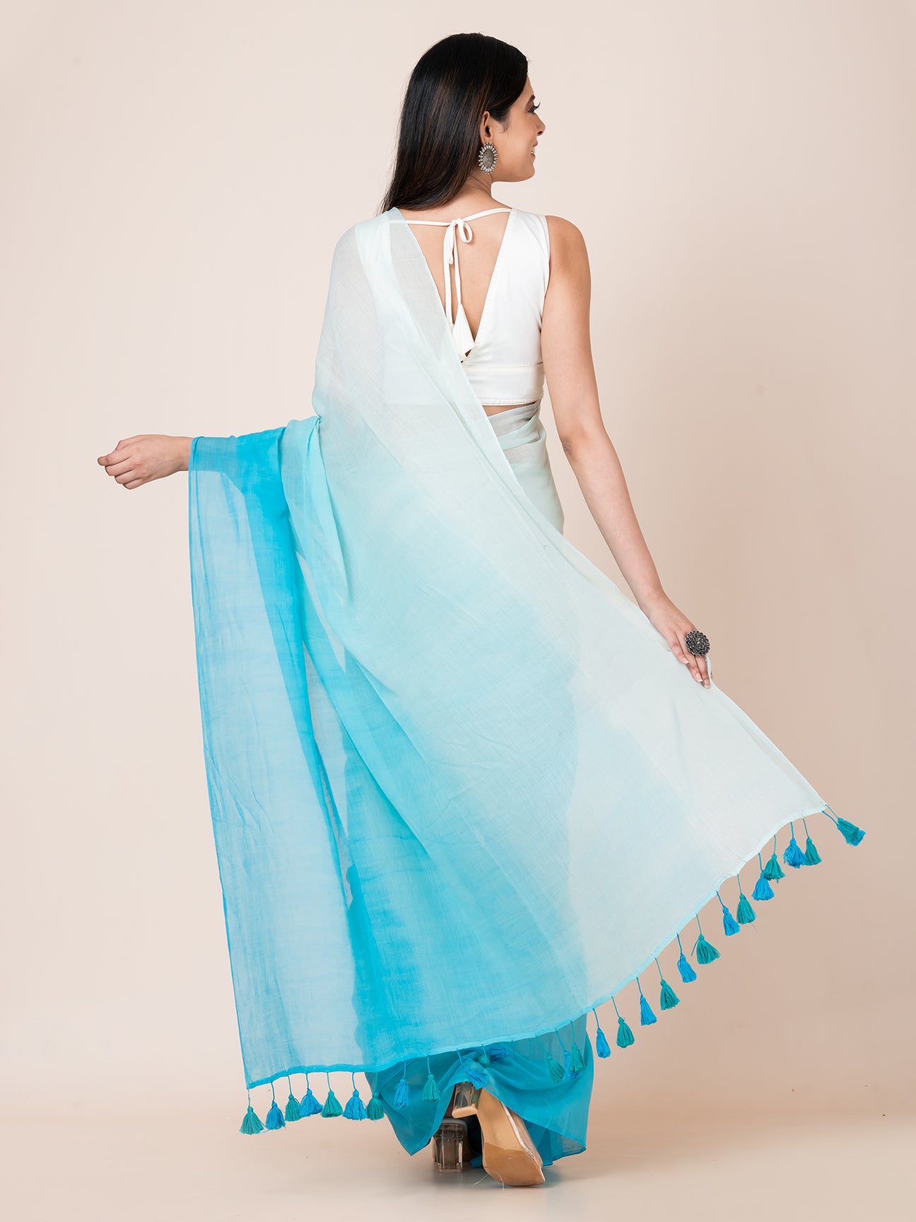 Blue Mirage - Pure cotton solid shaded saree with tassels || Sky Blue