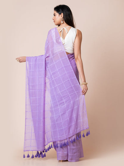 Dusky Blue - Pure Cotton Checkered Saree || Dusty Blue