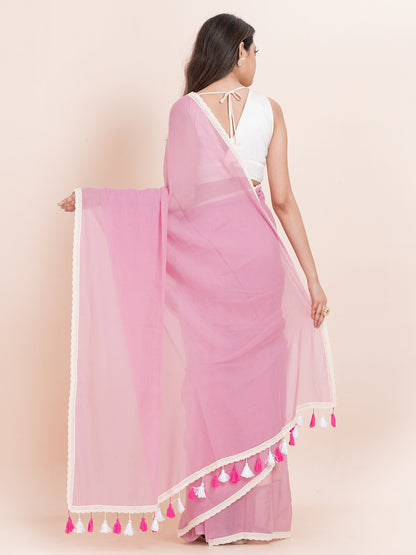 Blush Bloom - Pure cotton solid saree with lace border || Blush