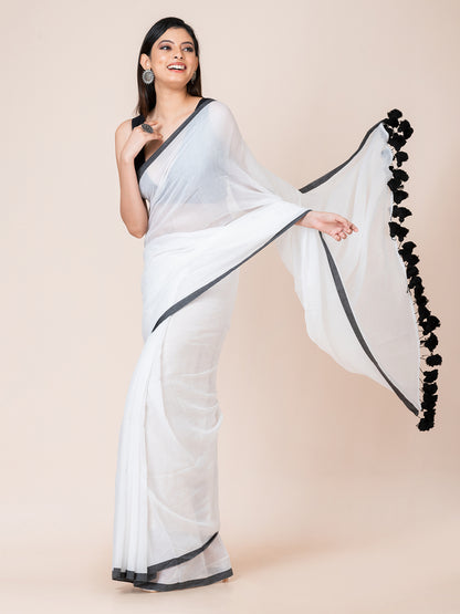 Peony - Pure cotton solid saree with contrast border and contrast tassels || White