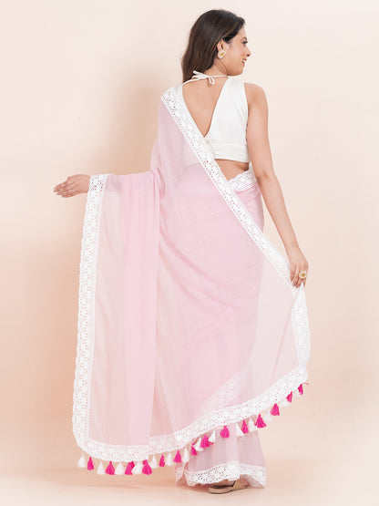 Gulabi Grace - Pure cotton solid saree with lace border || Bubblegum