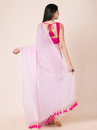 Bush Pink - Pure cotton solid saree with tassels || Pink