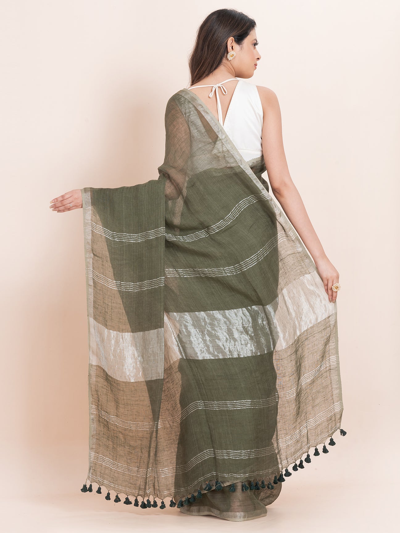 Forest Wishpers - Pure Linen Solid Saree With Contrast Border  || Avocado