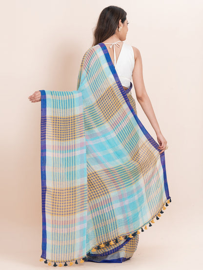 Cerulean Bliss - Pure Linen Striped Saree  || Navy