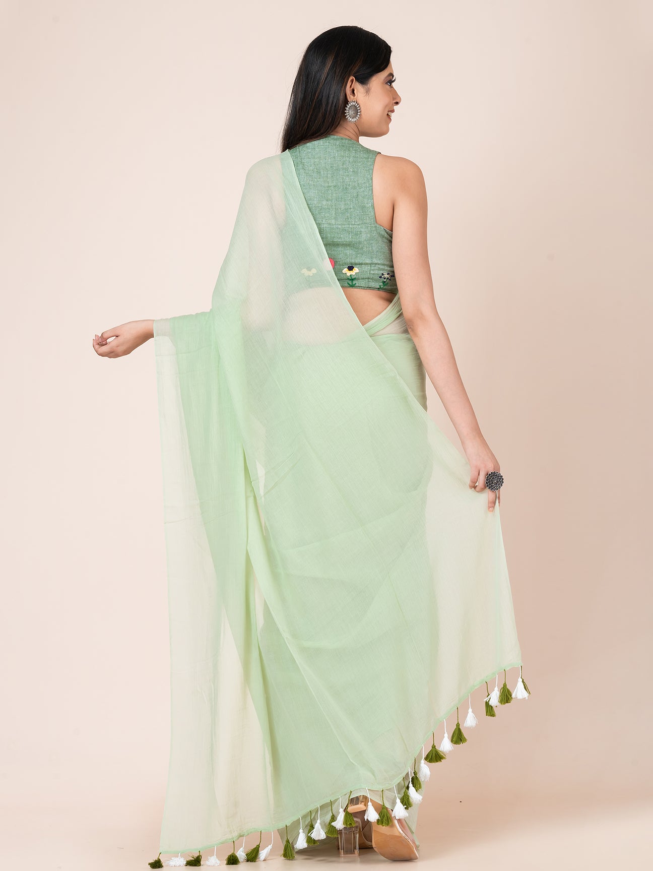 Pista - Pure cotton solid saree with tassels || Pistachio Green