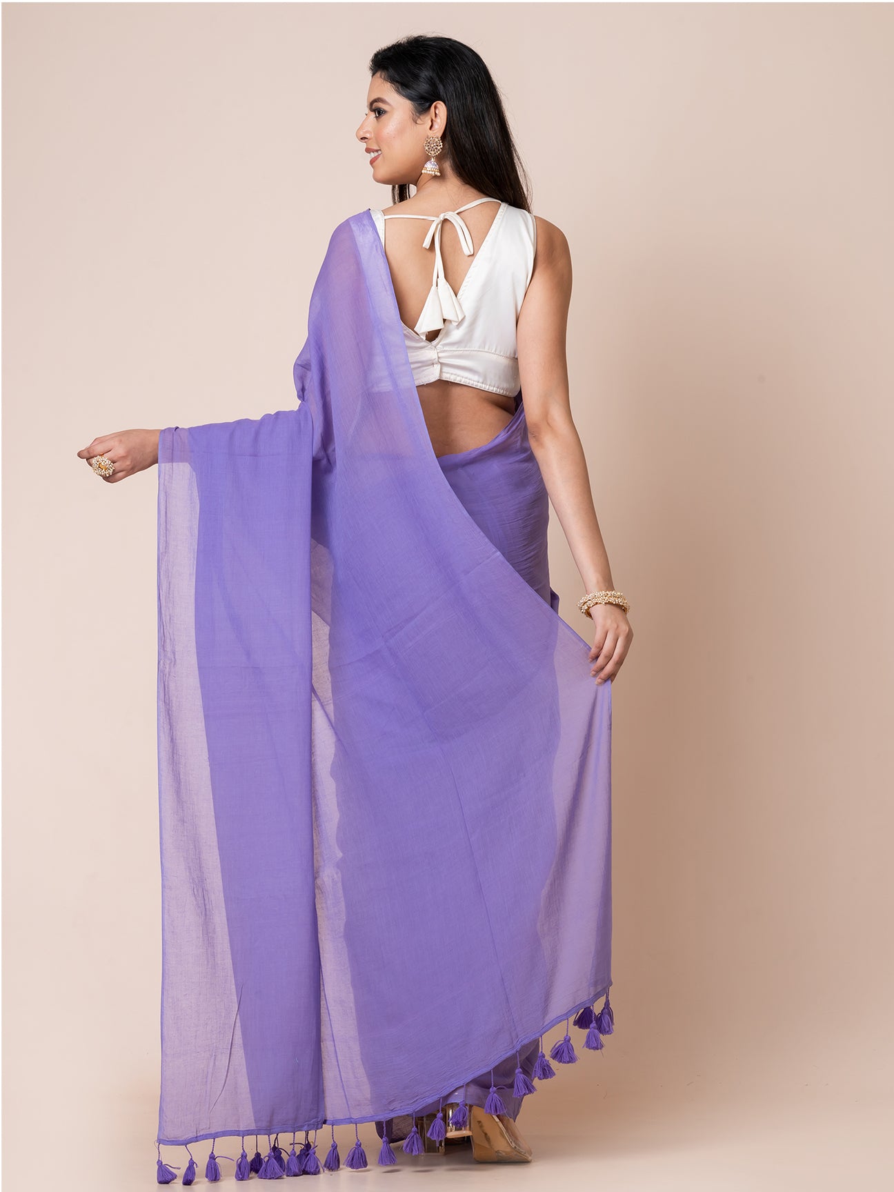 Bluebells - Pure cotton solid saree with  contrast tassels || Dusty Blue