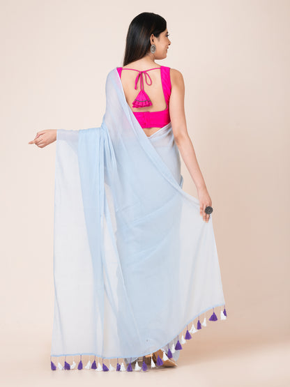 Iris - Pure cotton solid saree with tassels || Sky Blue