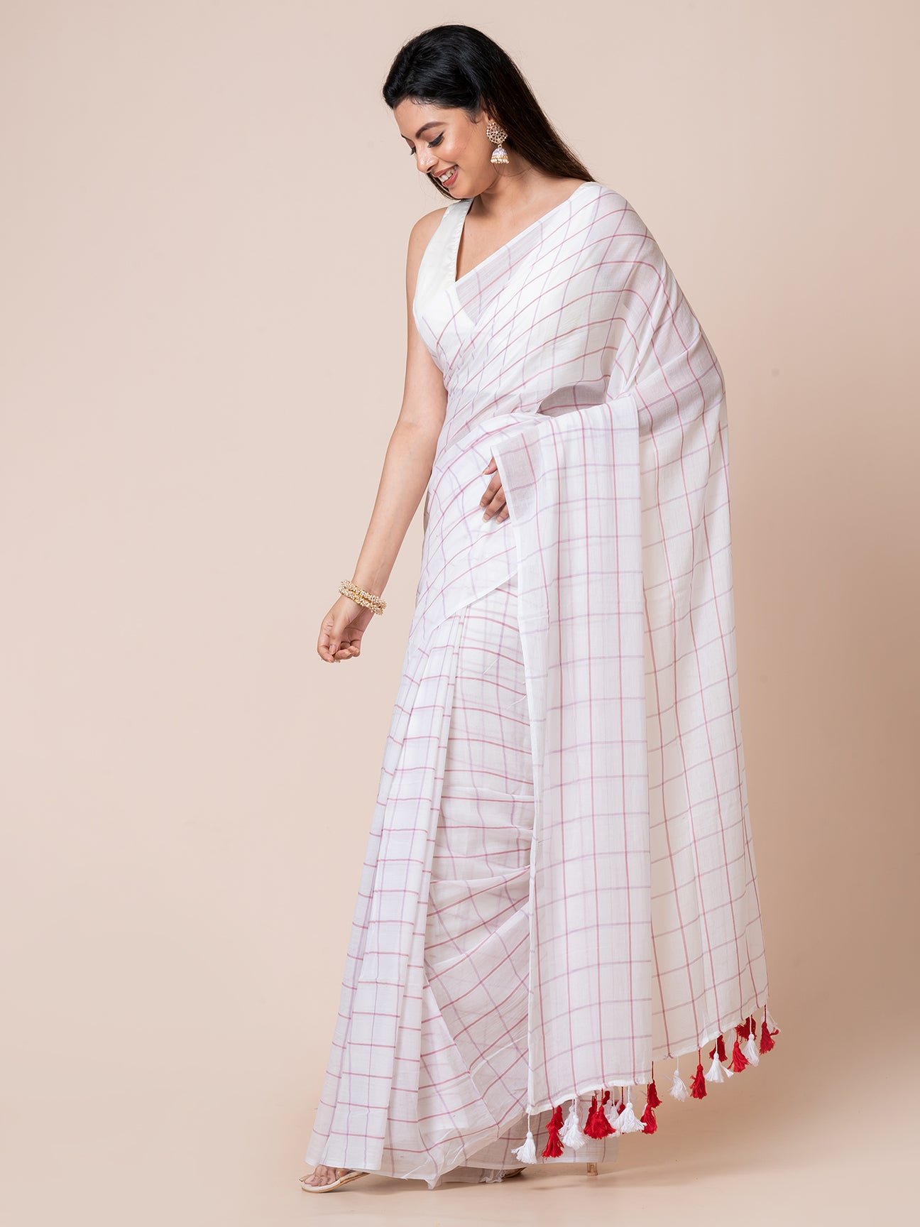 Ivory Dream - Pure Cotton Checkered Saree || White and Red