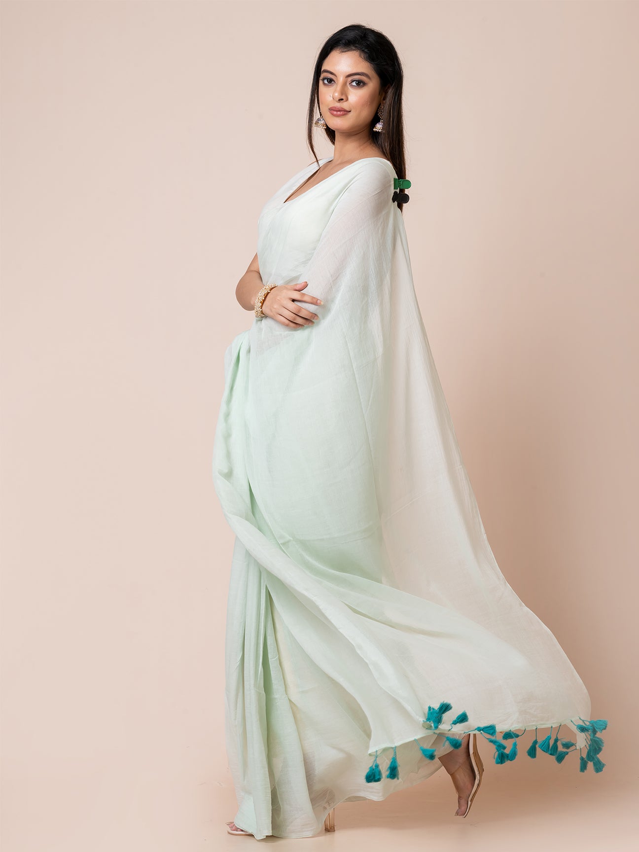 Hyacinth - Pure cotton solid saree with contrast tassels || Light Aqua