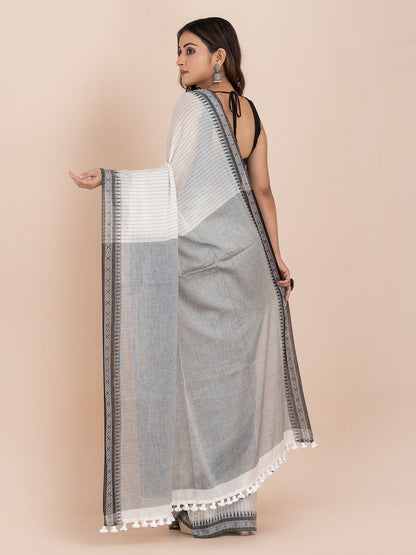 Shadow Stripes - Pure Cotton Striped Saree || Grey