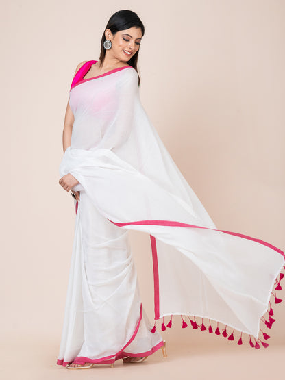 Daisy - Pure cotton solid saree with contrast border and contrast tassels || White