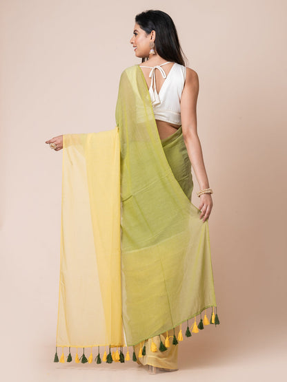 Lemon Charm - Pure cotton solid  saree with tassels ||  Yellow and Green
