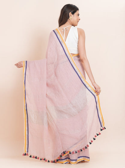 Rosy Bliss - Pure Linen Solid Saree WithContrast Border || Rose Pink