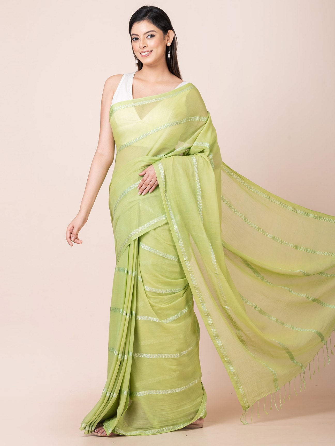 Pearl Pista - Pure Cotton Saree With Zari Stripes || Pista Green