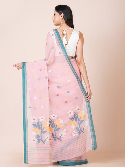 Rubi Mist - Pure Cotton Saree With Jamdani Motifs || Pink