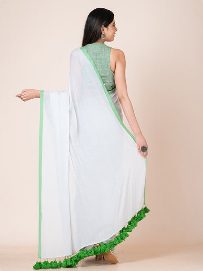 Misty - Pure cotton solid saree with contrast border and contrast tassels || Fog Grey