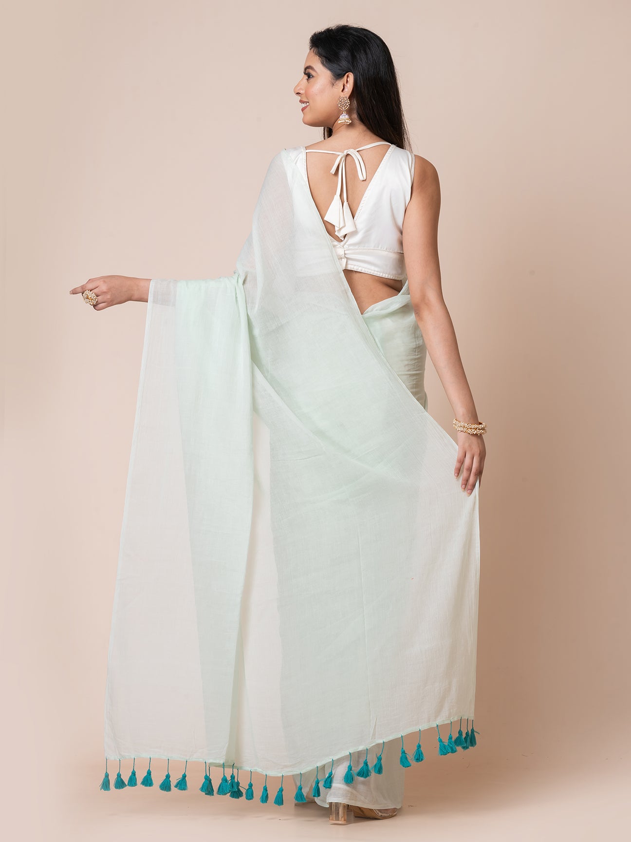 Hyacinth - Pure cotton solid saree with contrast tassels || Light Aqua