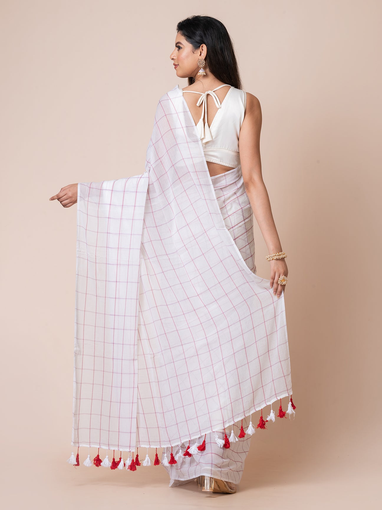 Ivory Dream - Pure Cotton Checkered Saree || White and Red