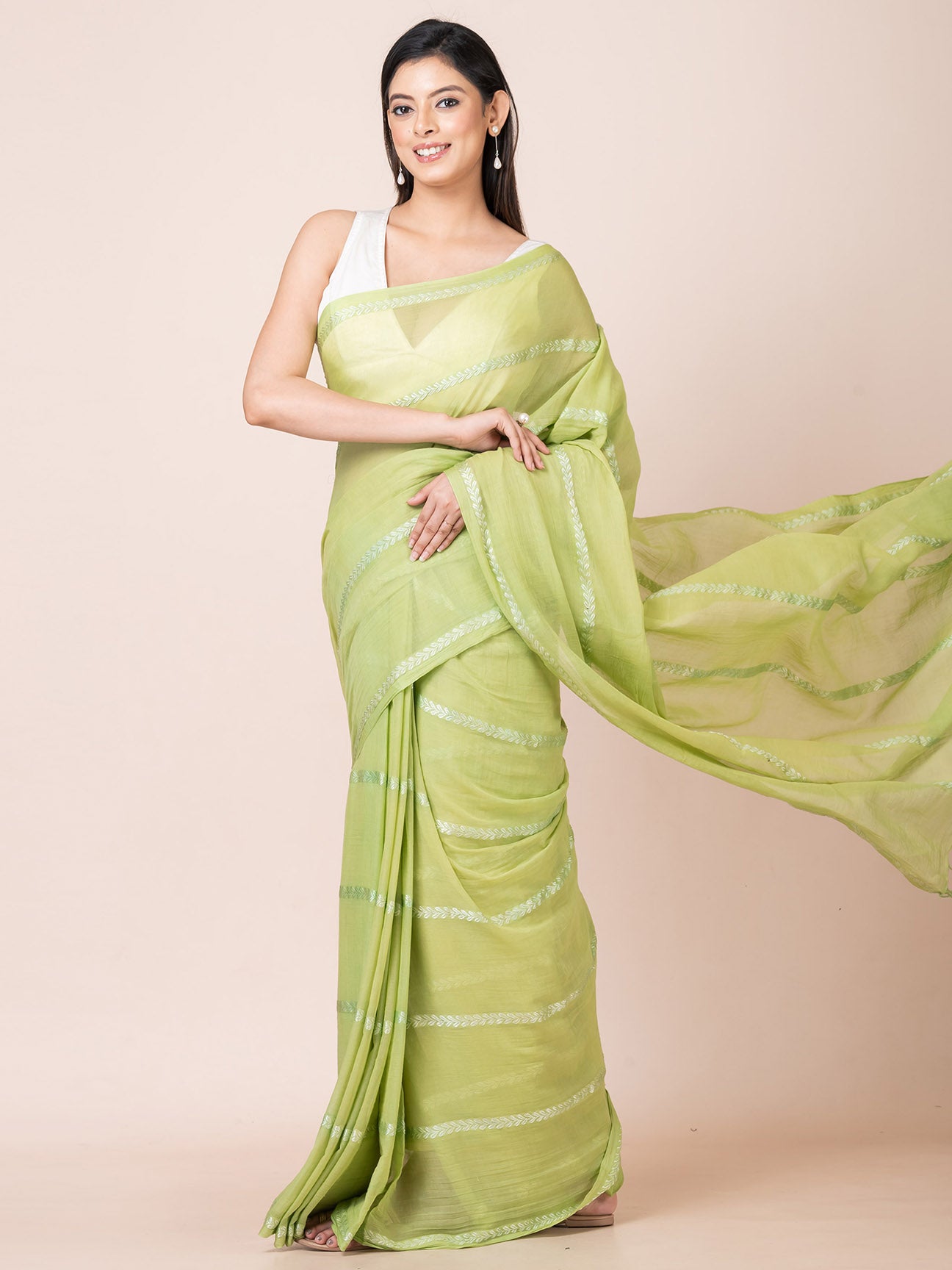 Pearl Pista - Pure Cotton Saree With Zari Stripes || Pista Green