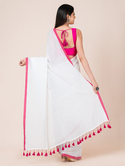 Daisy - Pure cotton solid saree with contrast border and contrast tassels || White