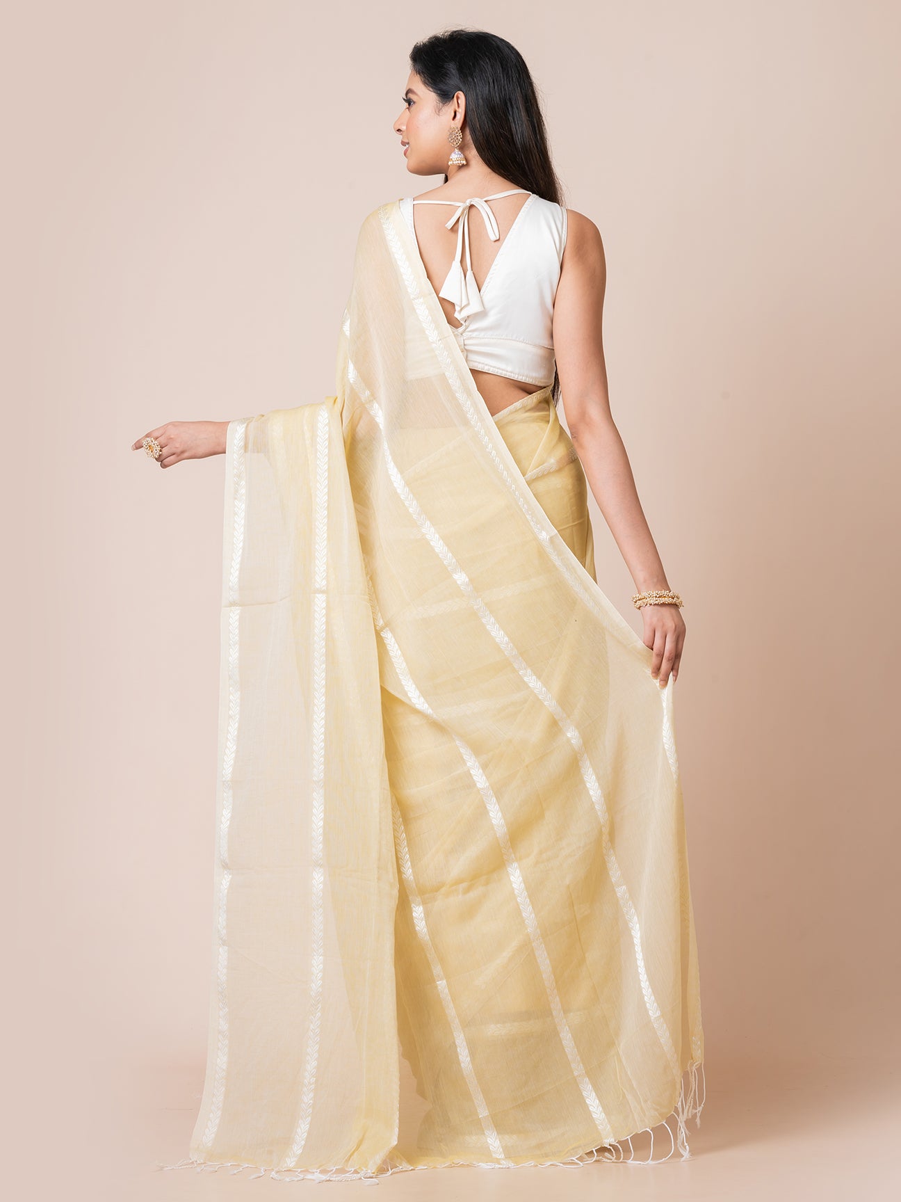 Mimosa Magic - Pure Cotton Saree With Zari Stripes || Pastel Yellow