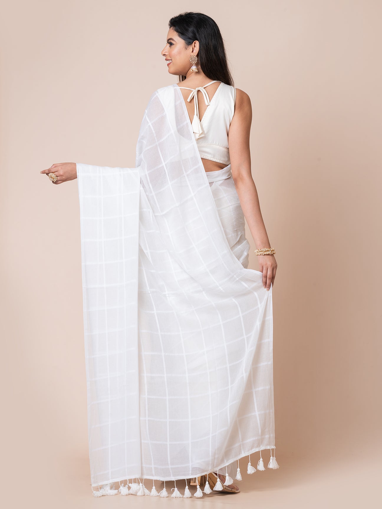 Milky Silk - Pure Cotton Checkered Saree || White