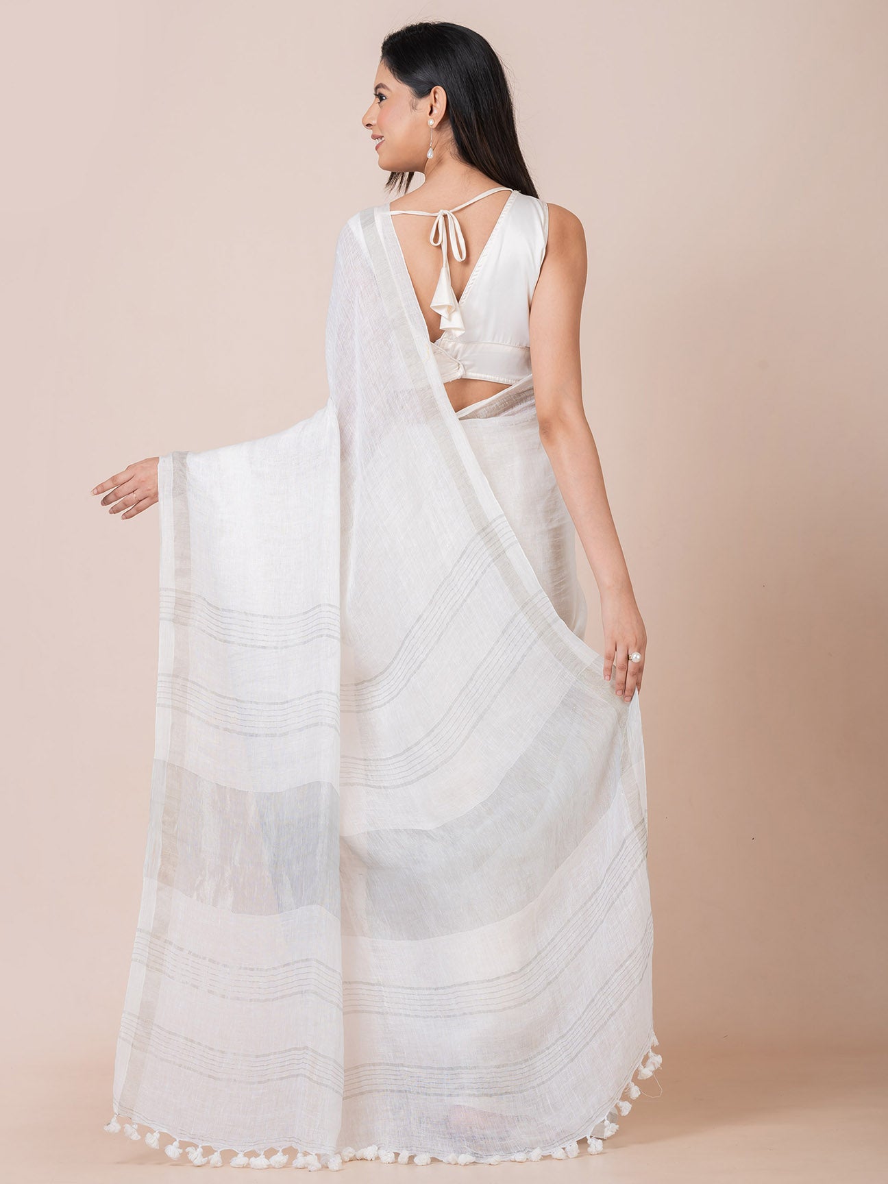 Ivory Breeze - Pure Linen Solid Saree With Zari Border || White