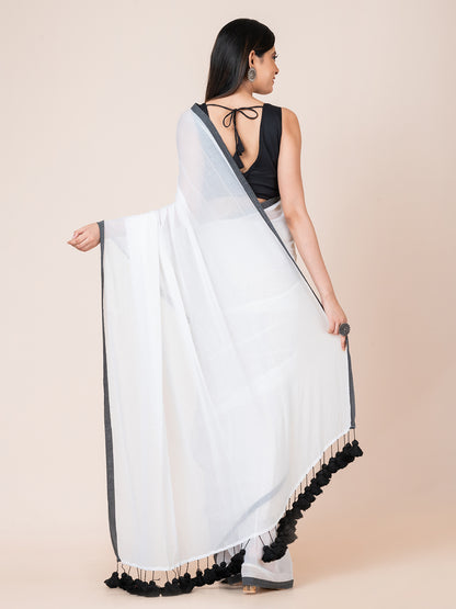 Peony - Pure cotton solid saree with contrast border and contrast tassels || White