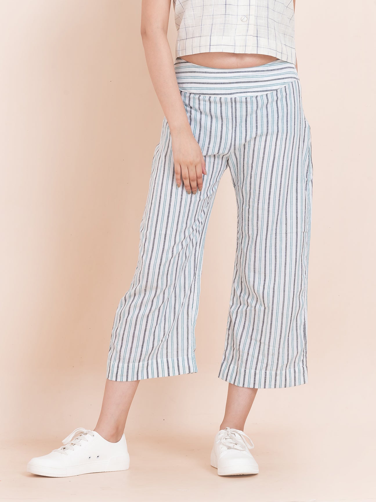 Monoline Trousers - OCAU Basic Striped Wide Leg Cropped Pant