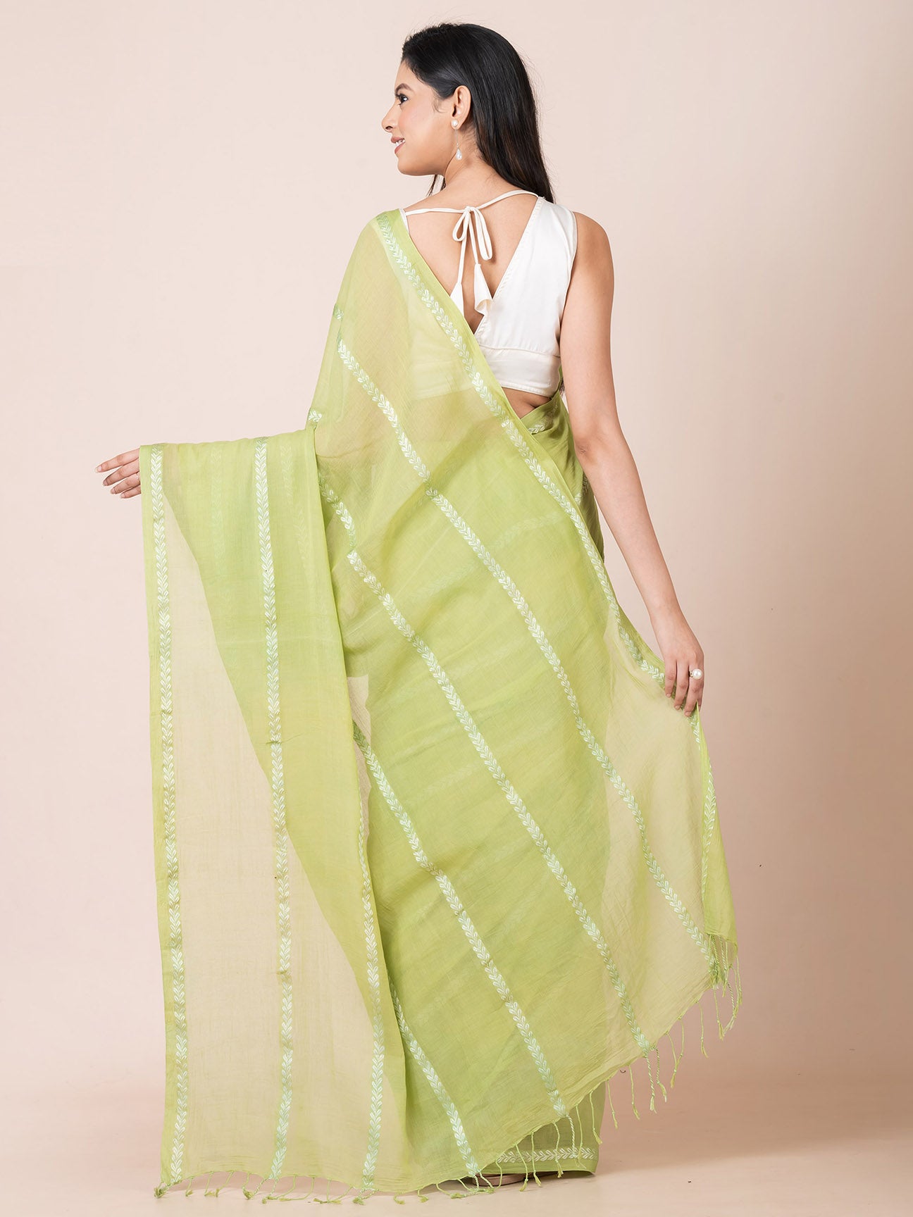 Pearl Pista - Pure Cotton Saree With Zari Stripes || Pista Green